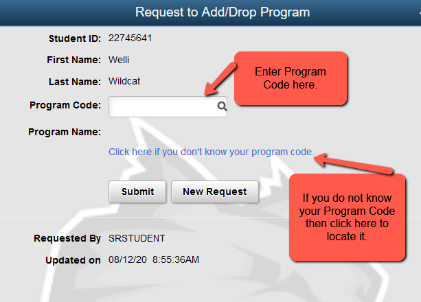 Enter in program code and click the submit button or click on the link if you do not know your program code 